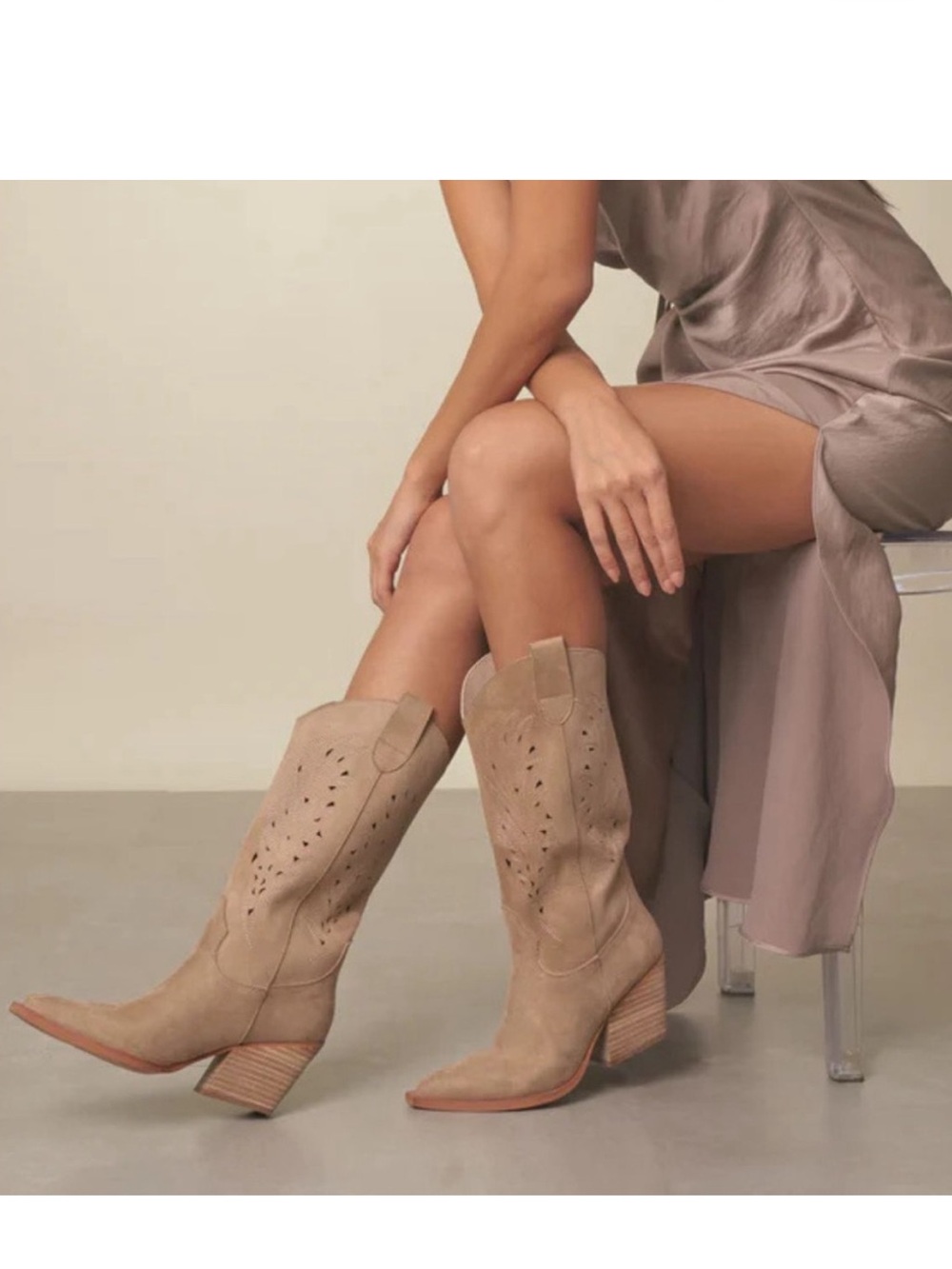 Olivia Suede Western Boots - Beige